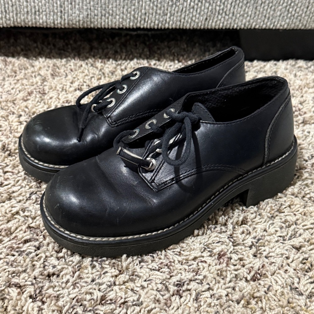Harley Davidson Womens Black Leather Chunky Platform Oxford Shoes 81100 Size 7